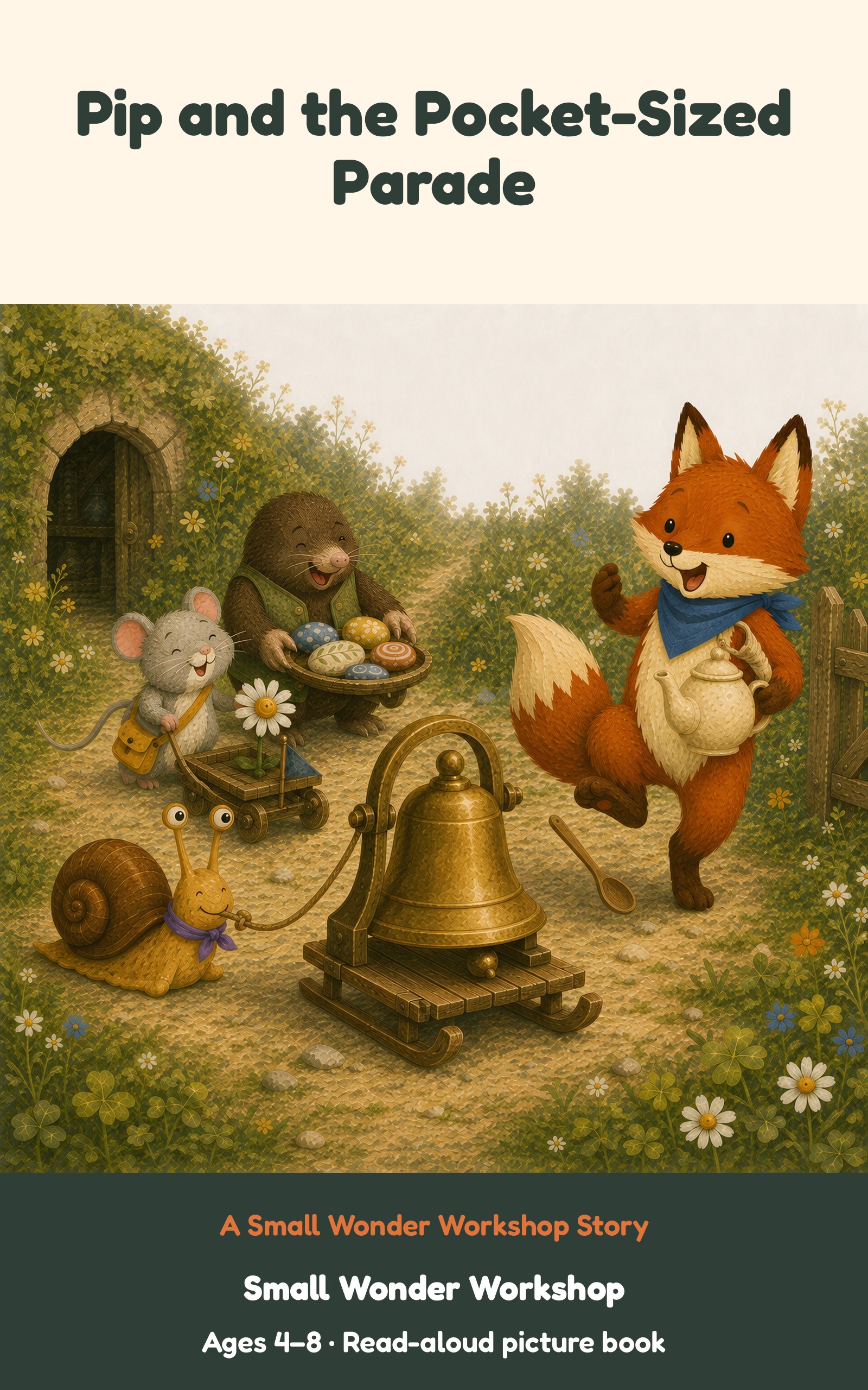 Pip and the Pocket-Sized Parade cover: a fox with a teapot, a mouse, a mole and a snail gather around a bell on a village path.