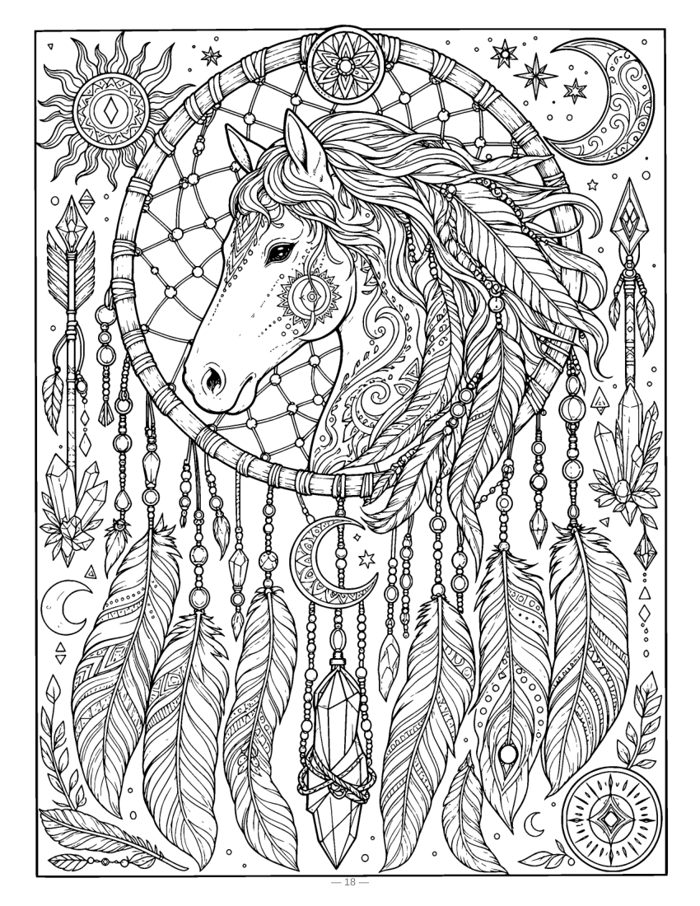 Boho dreamcatcher coloring page with a horse head, feathers and hanging charms