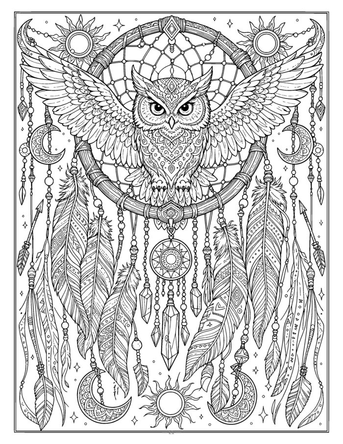 Boho dreamcatcher coloring page with an owl, spread wings and hanging feathers