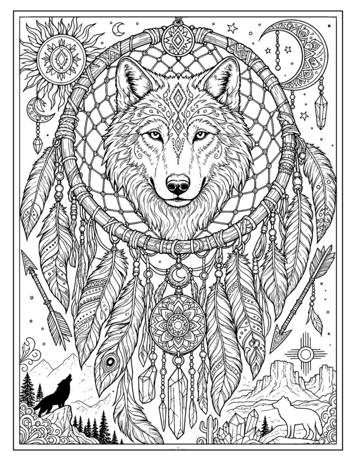 Boho dreamcatcher coloring page with a wolf face, feathers, moons and desert animals