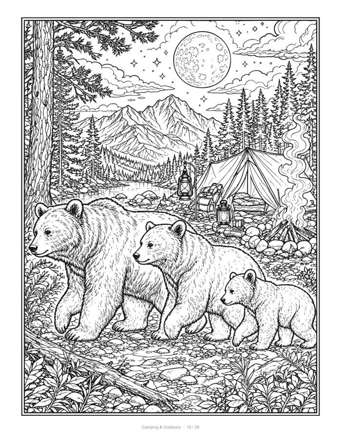 Camping coloring page: a bear and two cubs walking past a tent camp