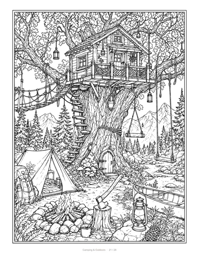 Camping coloring page: a treehouse cabin with a rope bridge above a campsite