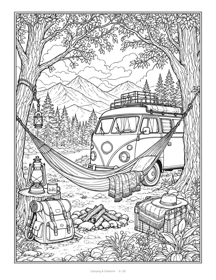 Camping coloring page: a camper van, hammock and backpacks in the forest