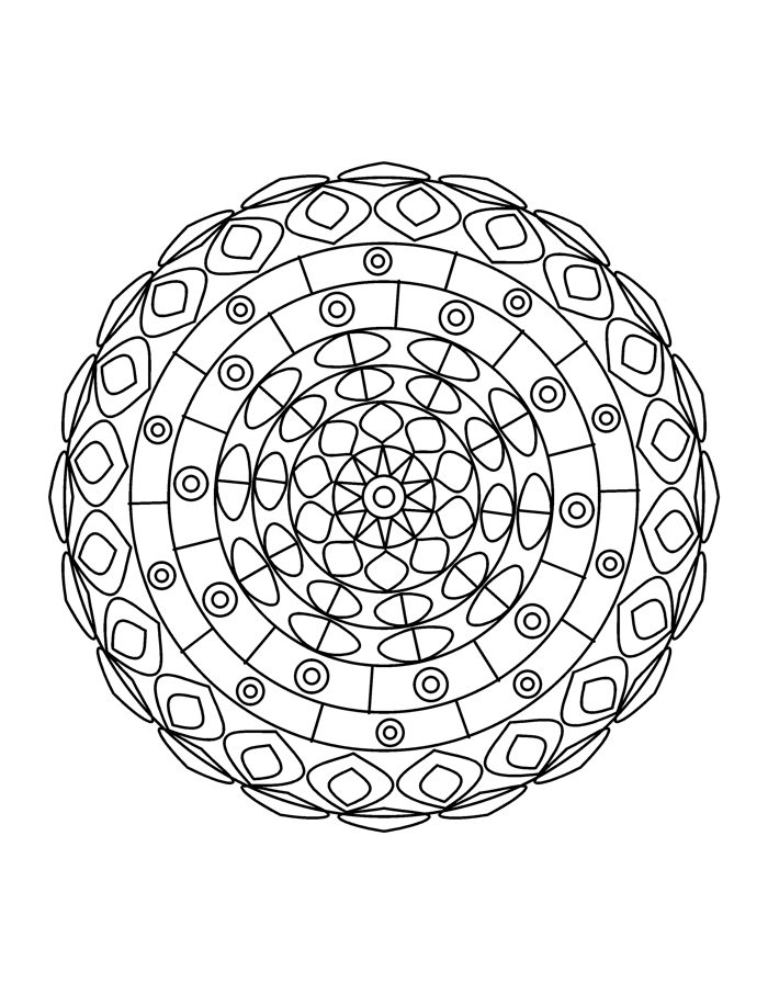 Round mandala coloring page with rings of petals, circles and a flower center