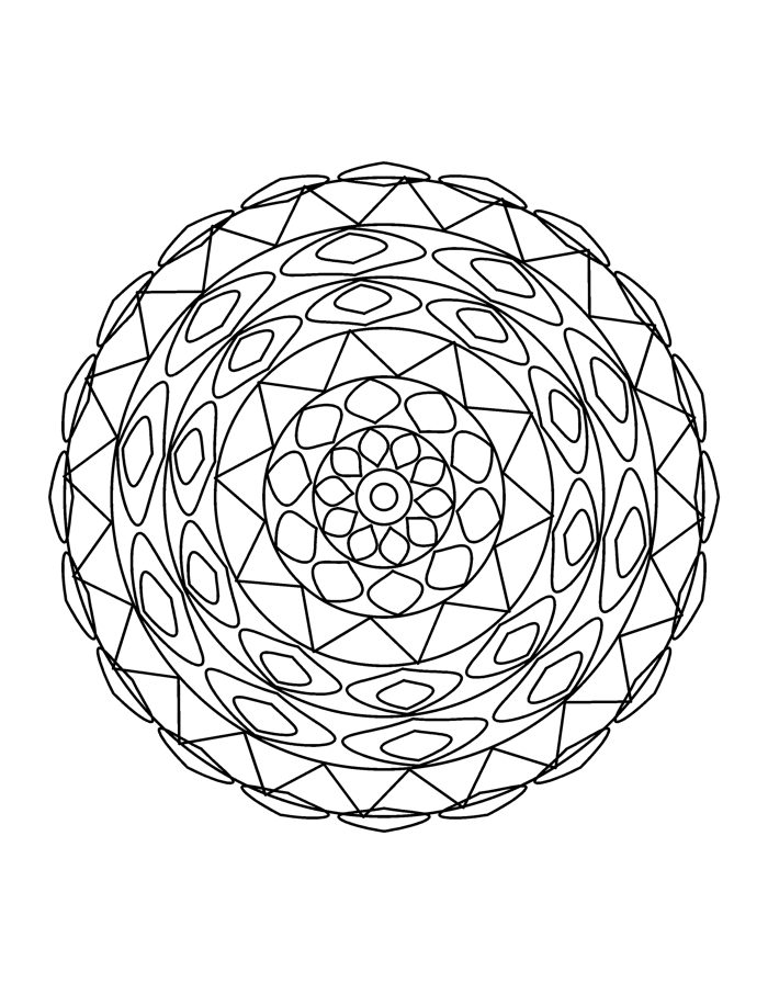 Round mandala coloring page with a pointed outer ring and layered petal rings