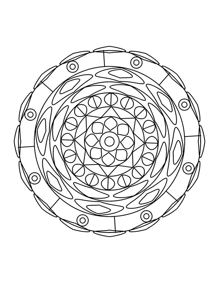 Round mandala coloring page with a dotted outer band and a petal center