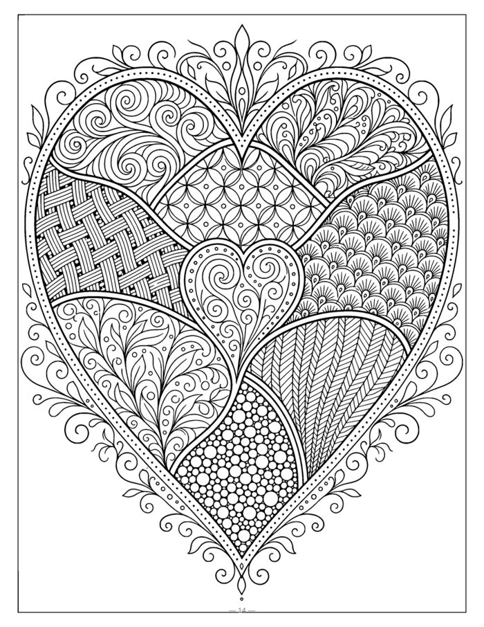 Patterned heart coloring page with zentangle-style sections