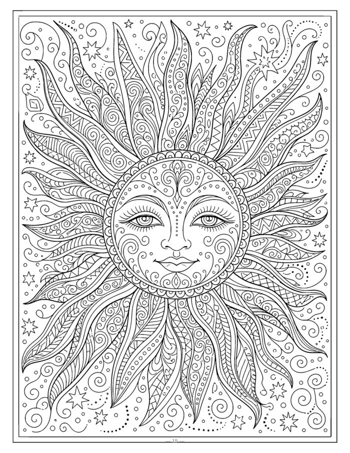 Sun face coloring page with radiating patterned rays