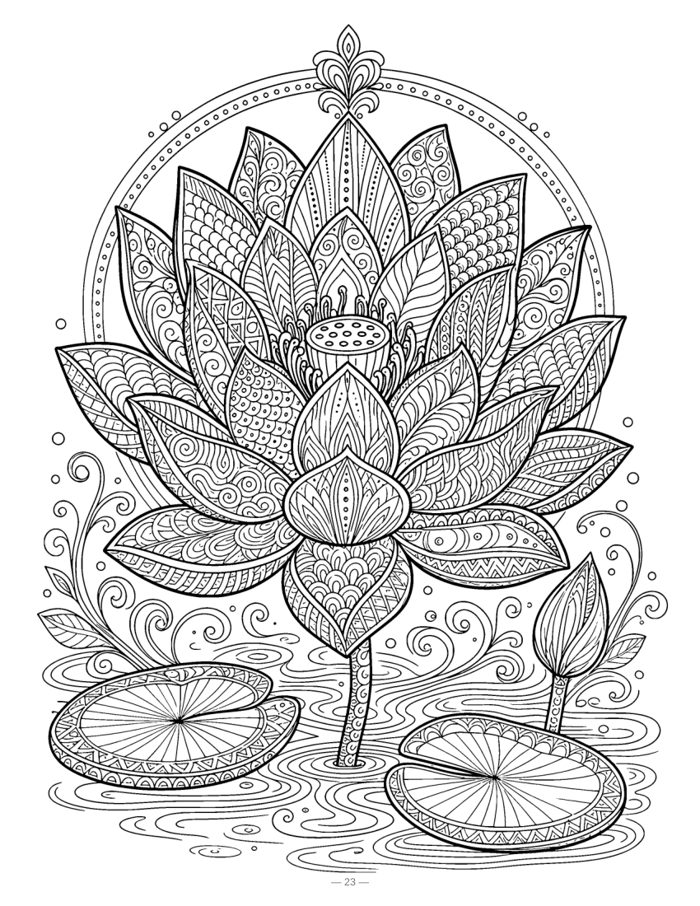 Lotus flower coloring page with patterned petals and lily pads