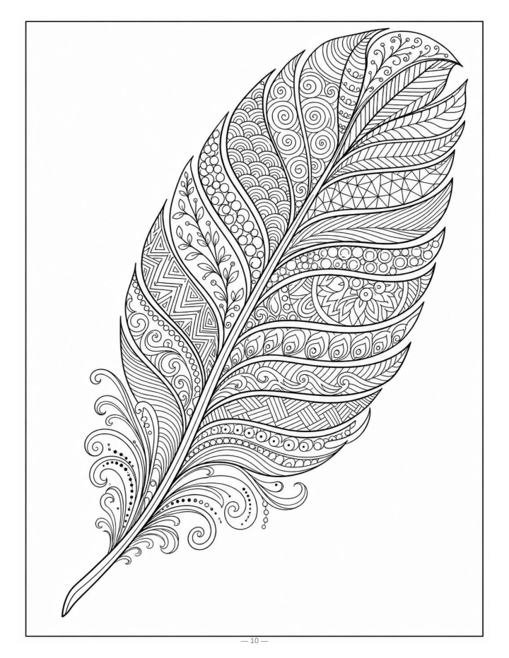 Actual feather design on PDF page 12, with a central shaft separating patterned sections of different widths.