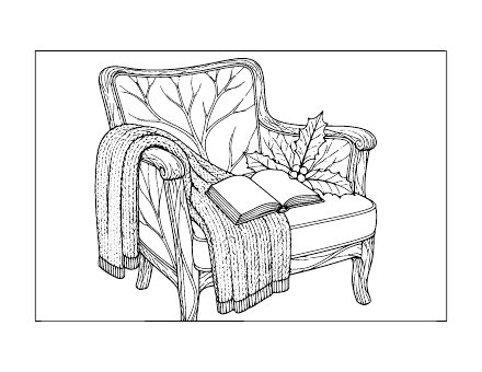 Adult Christmas page: armchair with blanket and holly