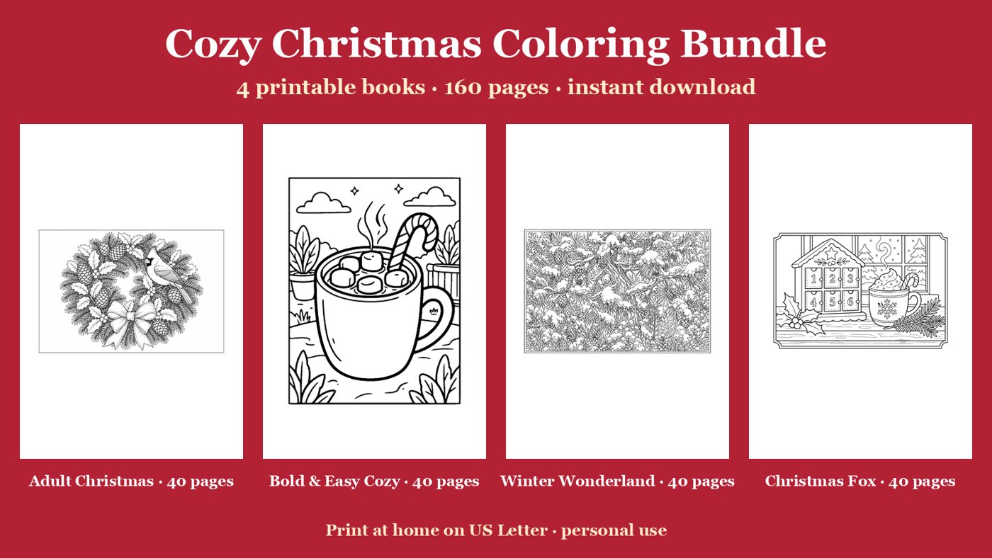 Four Christmas coloring books: adult, bold and easy cozy, winter wonderland, and Christmas fox