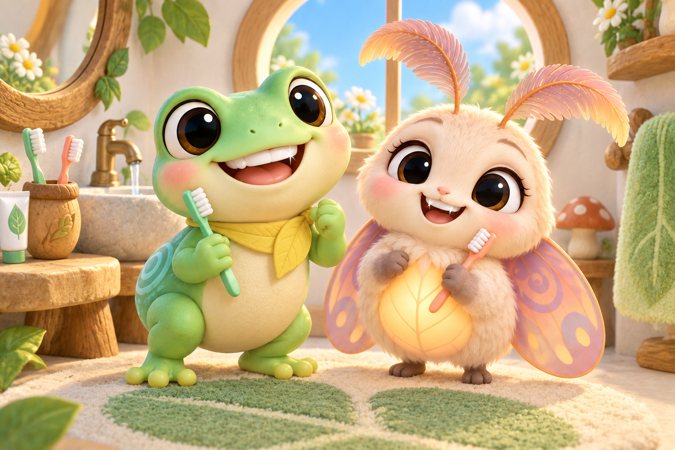 Piko and Luma showing sparkly clean smiles