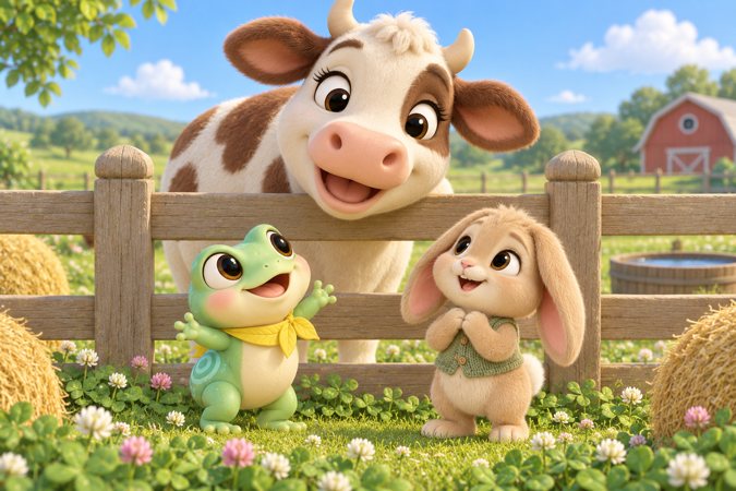 Piko and Tavi meet a friendly cow at the farm fence