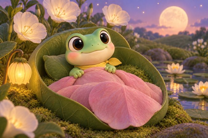 Piko tucked into a leaf bed at dusk with Luma glowing