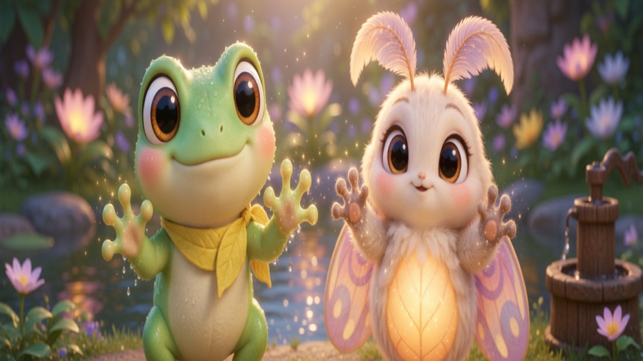 Piko the frog and Luma the lantern moth showing their clean hands in a sunny garden